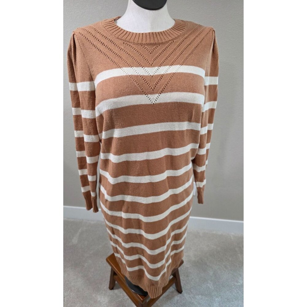 Brown & White Striped Long Sleeve Sweater Dress Ribbed Collar & Cuffs